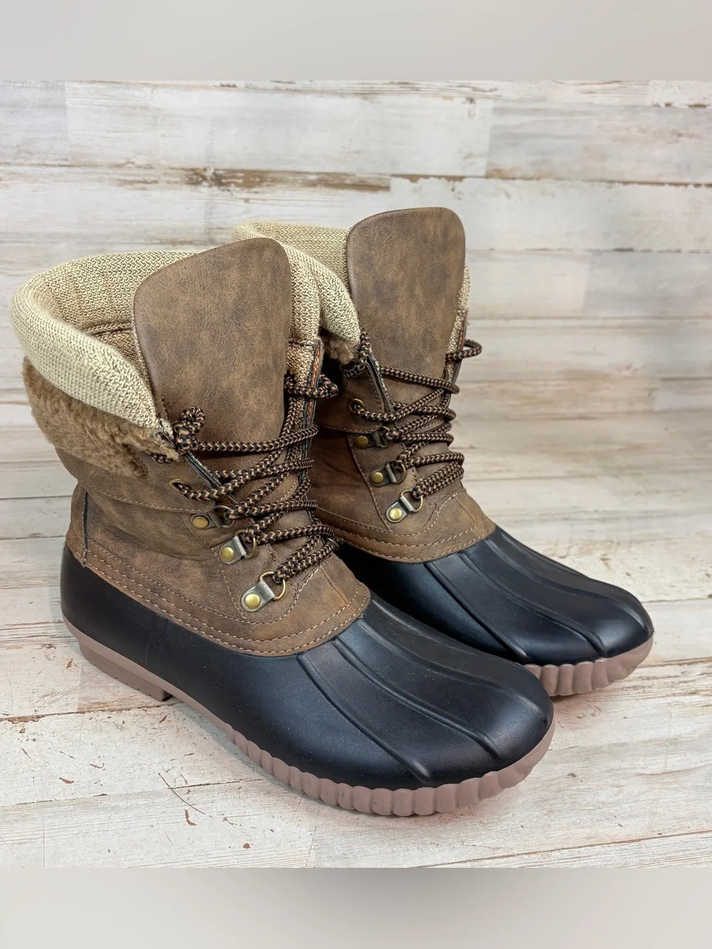 Marleylilly Duck Boots Brown Black Lace Up Waterproof Women’s Size 8